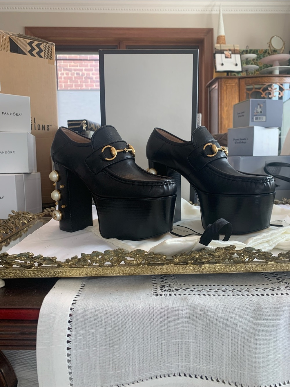 Gucci Black Leather Platform Loafers with Gold Bit and Pearl-Studded Heels